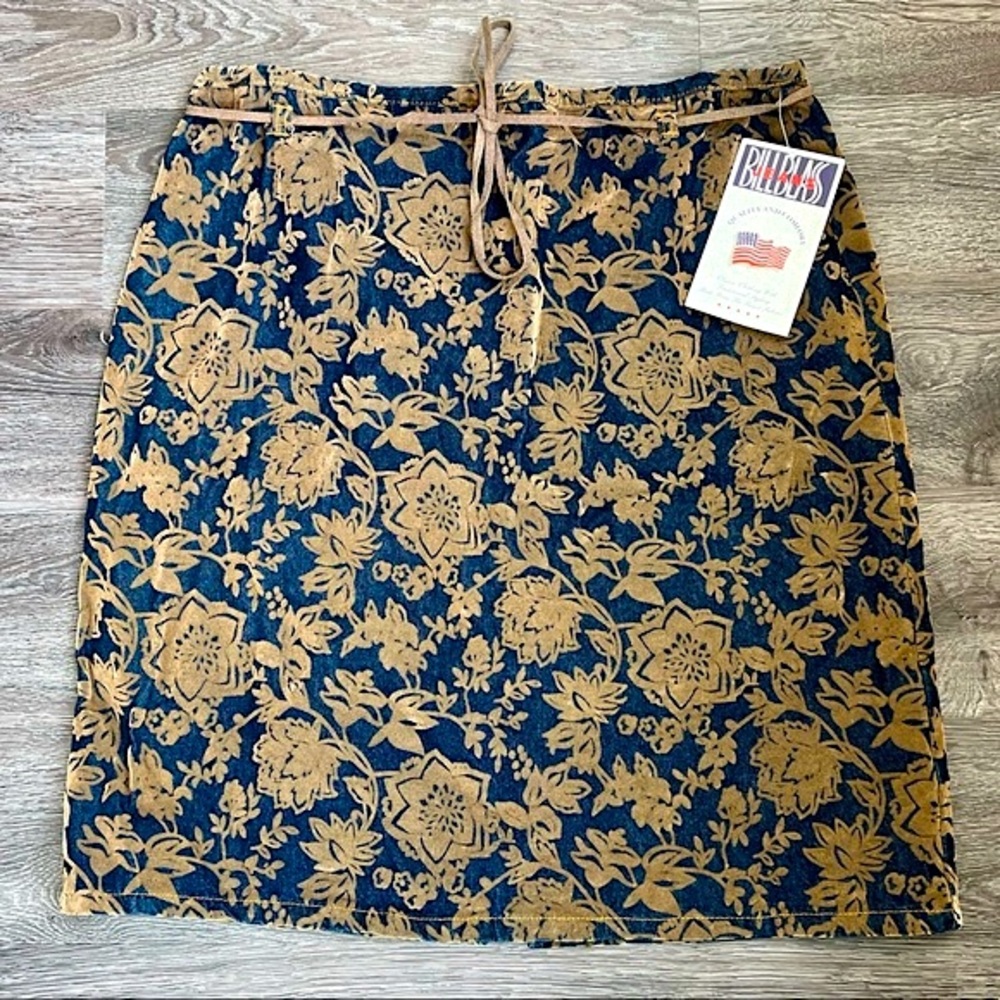 Vintage BILL BLASS JEANS Blue Denim Knee Length Skirt Tan Floral Appliqué 14 NWT - Picture 6 of 16